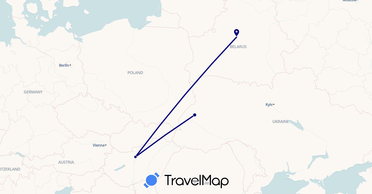 TravelMap itinerary: driving in Belarus, Hungary, Ukraine (Europe)